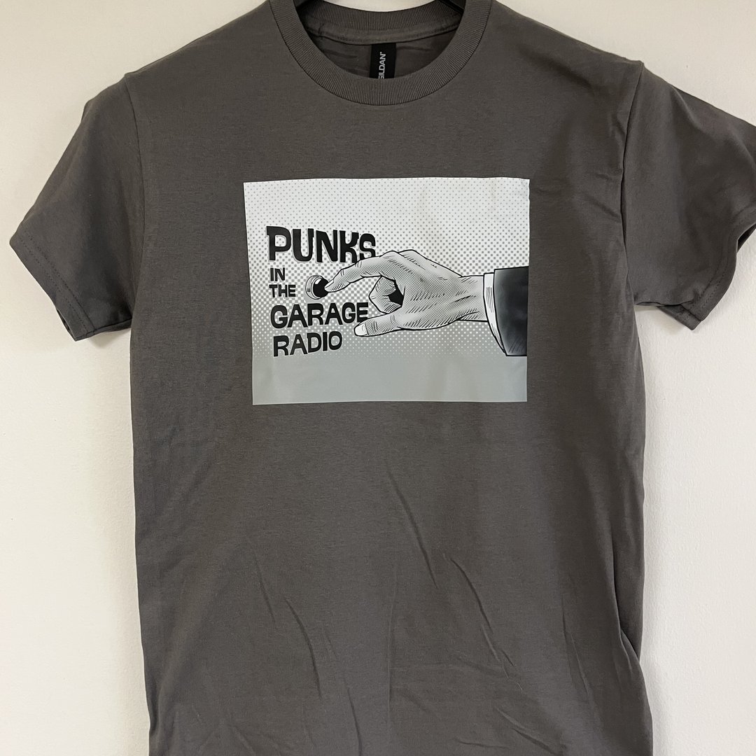 Punks in the Garage t-shirt, grey, with the logo hand-and-button graphic on the front
