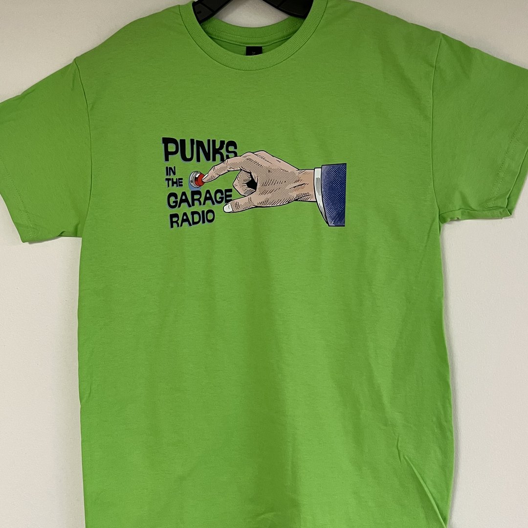 Punks in the Garage t-shirt, lime green, with the logo hand-and-button graphic on the front